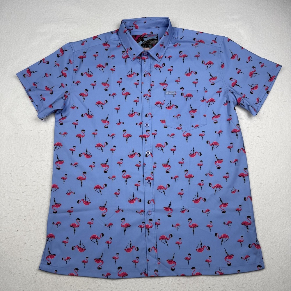 Retro Rifle Shirt Mens XL Blue Flamingo Print Short Sleeve Button Up Novelty